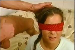Blindfolded teen is about to suck a huge meat stick and to get fucked  until she cums