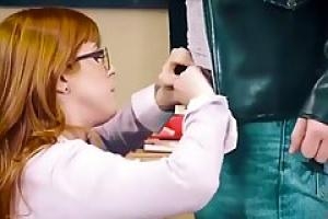 Red haired lady with glasses is about to get fucked hard in the classroom  from behind