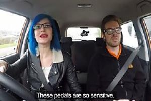 Babe with blue hair and blue nails is fucking her driving teacher and loving it
